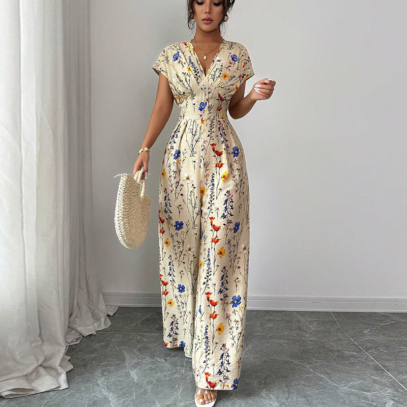 Autumn Short-sleeved Waist-cinching Wide-leg Pants