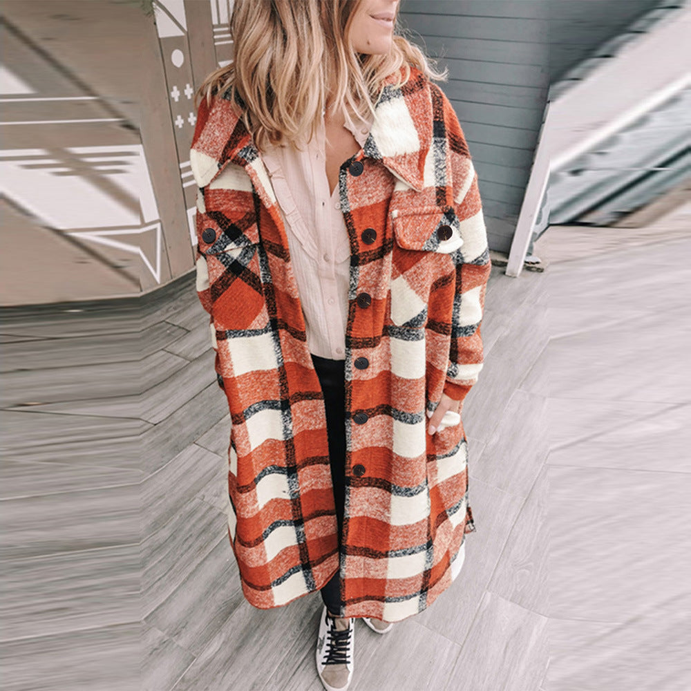 Women's Winter Long Plaid Print Cardigan Jacket